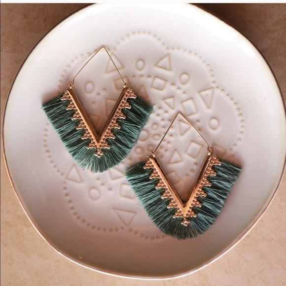 Moss Green Fringe Drop Earrings - Picture 4 of 6